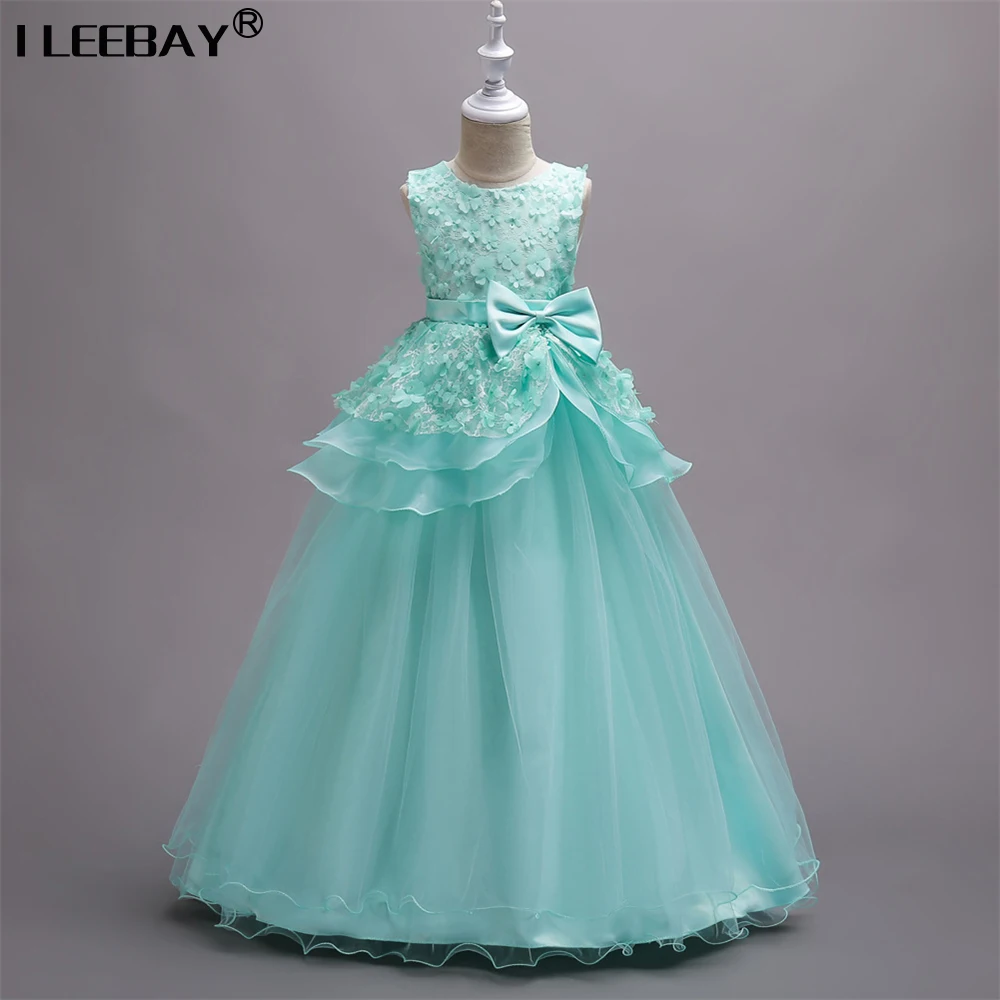 Elegant Wedding Costume for Girls Children Embroidery Princess Ball Gown Big Girls Bow Sleeveless Robe Fille Children Vestidos