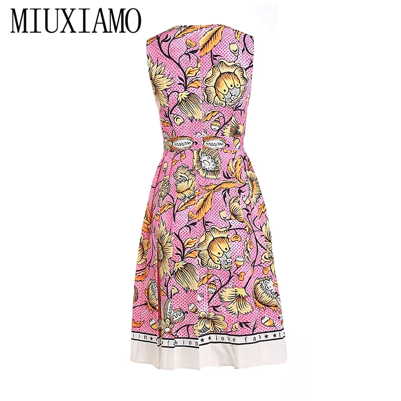 MIUXIMAO 2023 Spring Runaway Dress Newest elegant Sleeveless O-Neck Floral Print Draped Summer Casual Dress Women Vestidos