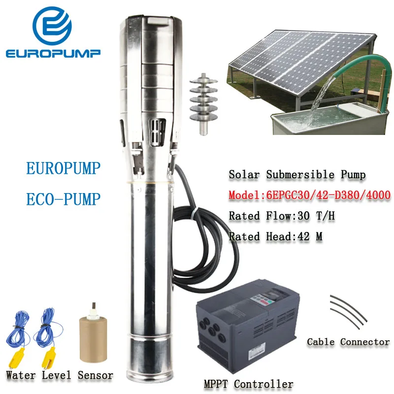 

EUROPUMP 6Inch 3HP outlet 3" Lift 42M Flow 30000LPH High Speed Solar Water with Pump MPPT controller MODEL(6EPGC30/42-D380/4000)