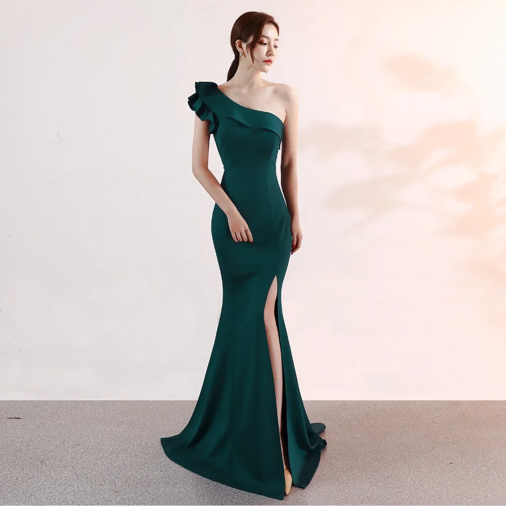 

Corzzet Blue Cotton One Shoulder Reffle Maxi Party Dress Sexy Slit Club Elegant Women Mermaid Slim Long Party Dress