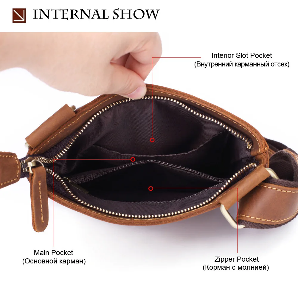 GENODERN Cowhide Men Messenger Bag Vintage Crazy Horse Leather Crossbody Bag for Men Luxury Small Shoulder Bag for Male