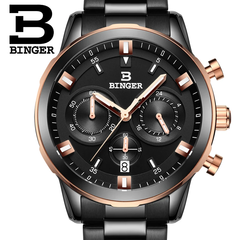 2017 New Watch Chronograph  Men\'s Sport Military Wristwatches BINGER Brand  Stainless Steel Quartz Watches Waterproof B-9011G