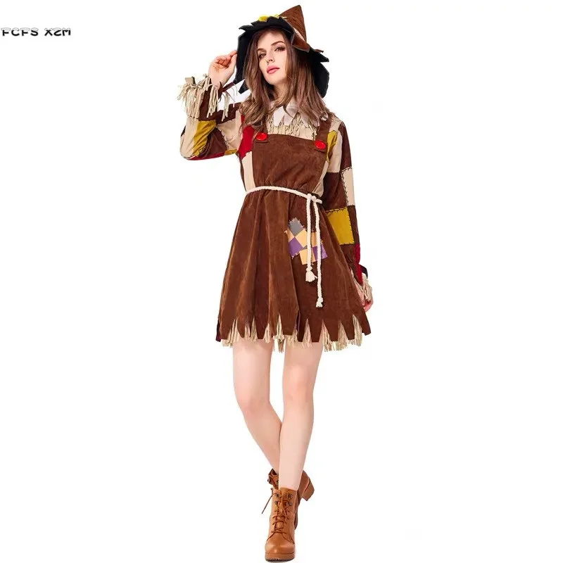 Adult Women Beggar Cosplay Female Halloween The Scarecrow Hunk Costumes Carnival Purim Parade Stage Show Role Play Party Dress