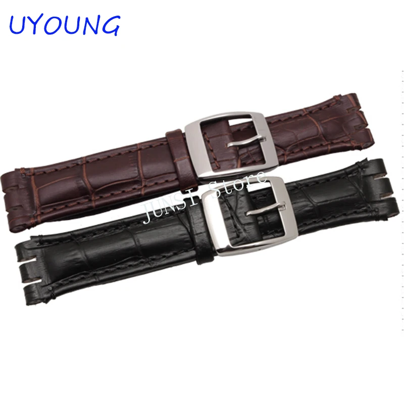 High Quality Luxury Black Brown 17mm 19mm Waterproof Genuine Leather Watch Strap Band For Swatch Alligator Pattern Leather Belt