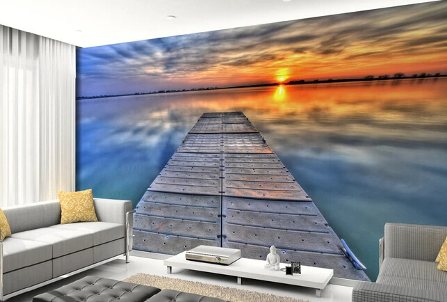 Custom landscape wallpaper, sunrise pier sea view murals for bedroom restaurant TV background wall waterproof papel de parede