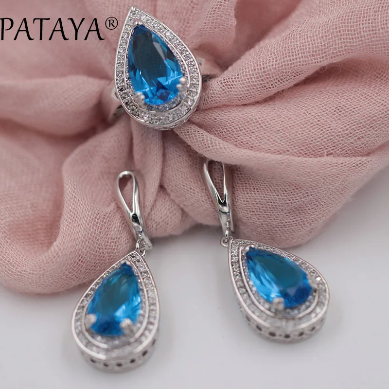 PATAYA True White Gold Color Wedding Jewelry Big Green Water Drop Natural Zircon Earrings Ring Set Women Luxury Trendy Jewelry