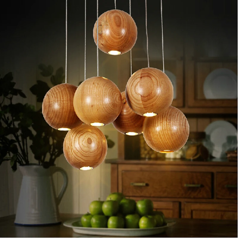 Ideas wooden  ball  led  chandelier for dining room living room adjustable cord home decoration lamp 90-260V