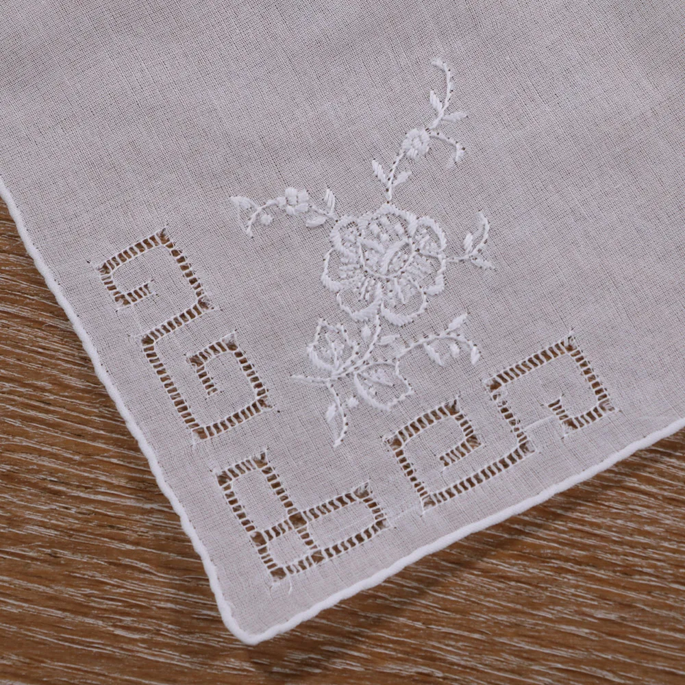 S012 :  1 piece Hand-made hand embroidery  handkie  Drawnwork White Cotton  handkerchief