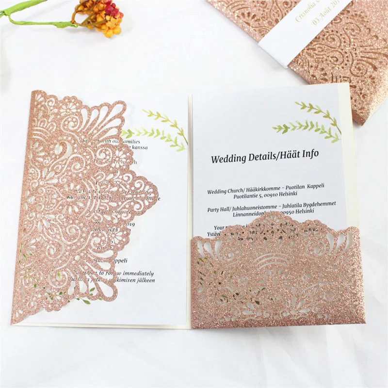 Glitter wedding invitation card with belly band envelop elegant wedding announcement personalized printing