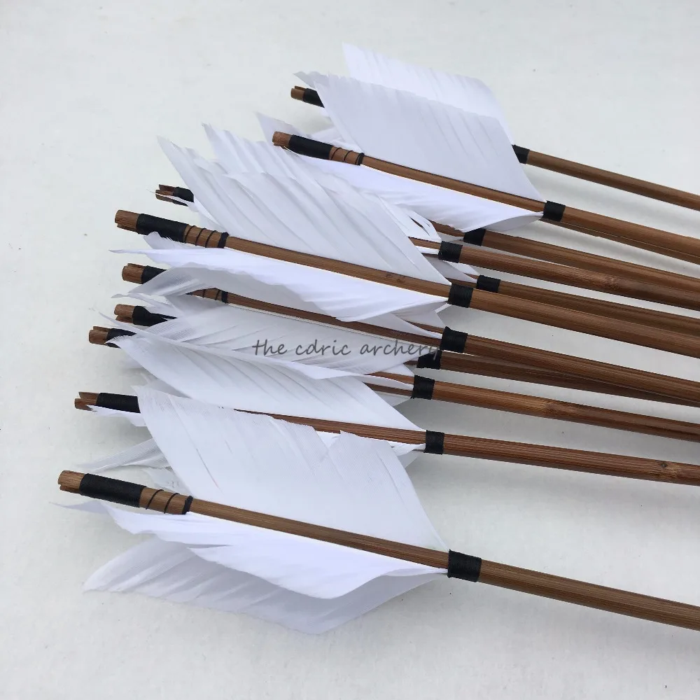 6/12/24pcs Bamboo Arrow in Withe Feather 32'' With Target Arrow Tip For Hunting Shooting