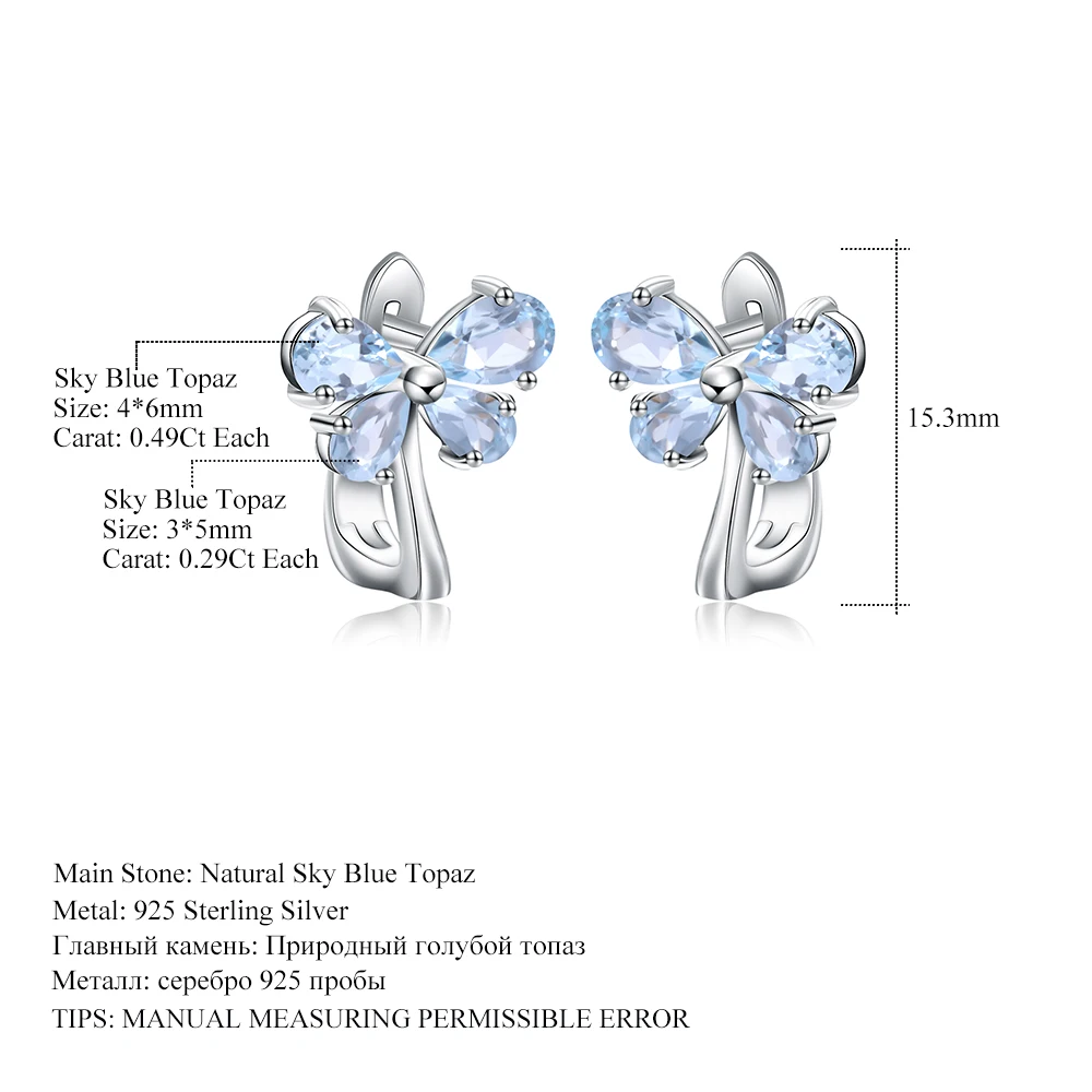 GEM'S BALLET 100% 925 Sterling Silver Cute Butterfly Stud Earrings 3.15Ct Natural Sky Blue Topaz Earrings for Women Fine Jewelry