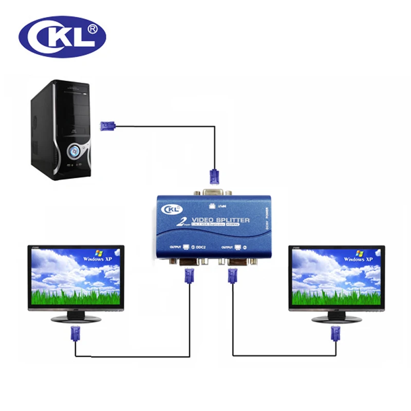 Haute qualité Convertisseur CKL 2 Ports Répartiteur VGA Adaptateur 450 mhz 2048*1536 Soutient DDC, DDC2, DDC2B Alimenté Par USB Boîtier En Plastique