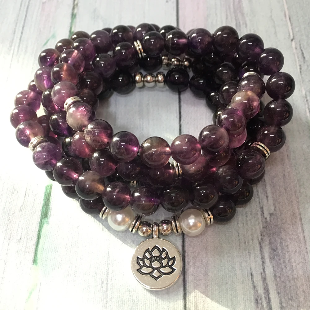 

SN1383 Natural Amethyst 108 Mala Bracelet High Quality Women`s Pearl Yoga Jewelry Feminine Energy Bracelet