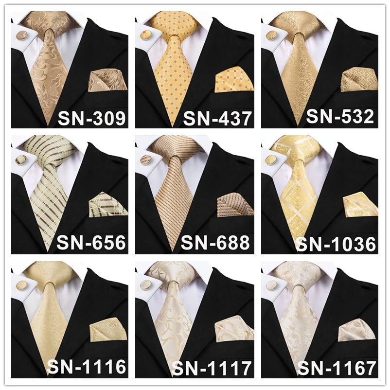 Champagne Ivory White Solid Tie 100% Silk Woven Men Tie Plain Necktie Hanky Cufflinks Set Wedding Classic Pocket Square Tie