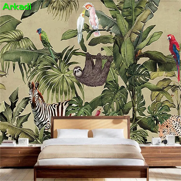 Southeast Asian Style Hand Painted Parrot Parlor TV Background Wallpaper Tropical Rain Forest 3d Plant Restaurant Mural