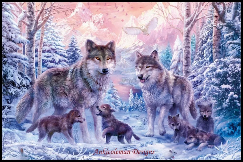 

Needlework for embroidery DIY DMC High Quality - Counted Cross Stitch Kits 14 ct Oil painting - Wolf Family Pups Winter