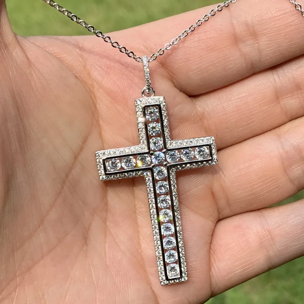 

2019 Top Selling Luxury Jewelry 925 Sterling Silver Cross Pendant Full Round Cut White 5A Cubic Zirconia Women Wedding Necklace