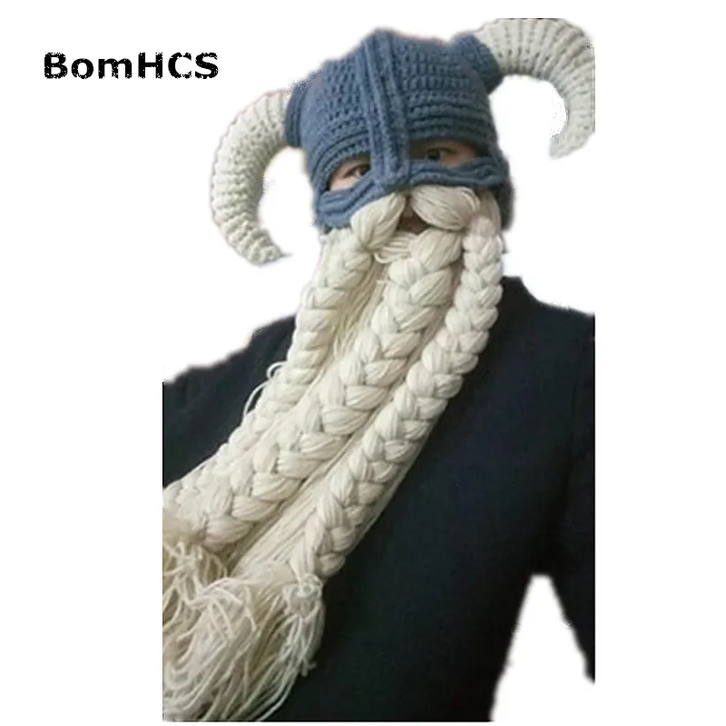 BomHCS Funny Party Halloween Cap Men\'s Head Beard Beanie Horn Hat Handmade Winter Warm Birthday Gift