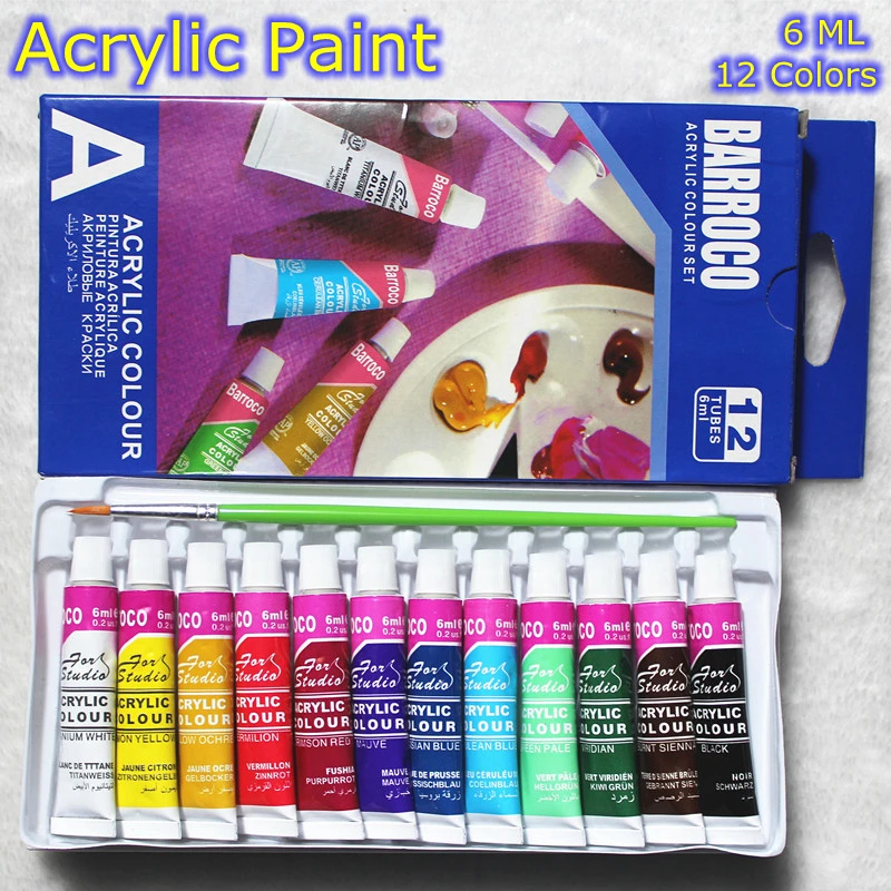 6 ML 12 Colors Professional Acrylic Paints Set Hand Painted Wall Painting Textile Paint Brightly Colored Art Supplies Free Brush