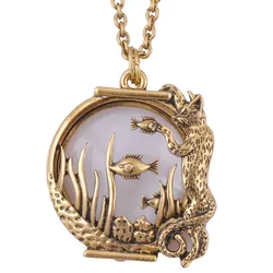 Ocean fish Animal style magnifier glass pendant  necklace antique gold color jewelry with magnet closes and opens