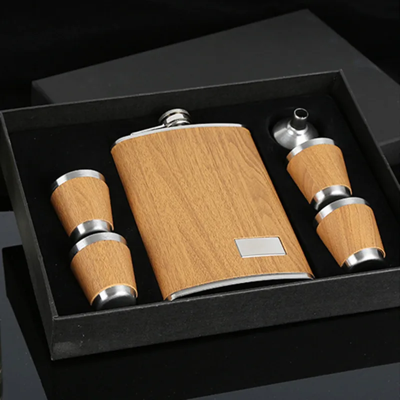 9 oz Wooden Hip Flask Set With 1 Funnel and 4 Cups Whiskey Wine Stainless Steel Flagon Bottle Travel Drinkware For Gifts