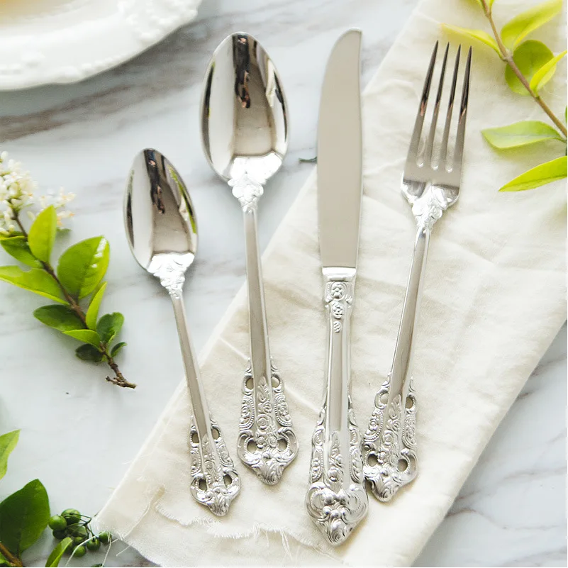 Vintage Silver Cutlery Set 24pcs 18/10 Stainless Steel European Classic Style Dinnerware Set Flower Engraving Handle Cutleries