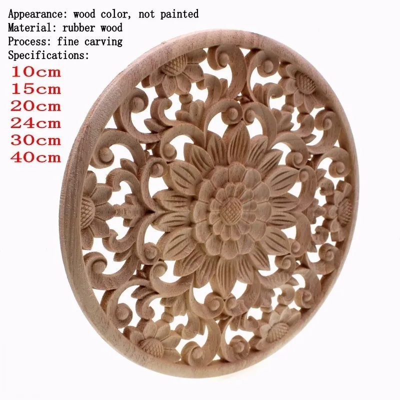 RUNBAZEF Carved Flower Carving Round Wood Appliques for Furniture Cabinet Unpainted Wooden Mouldings Decal Decorative Figurine