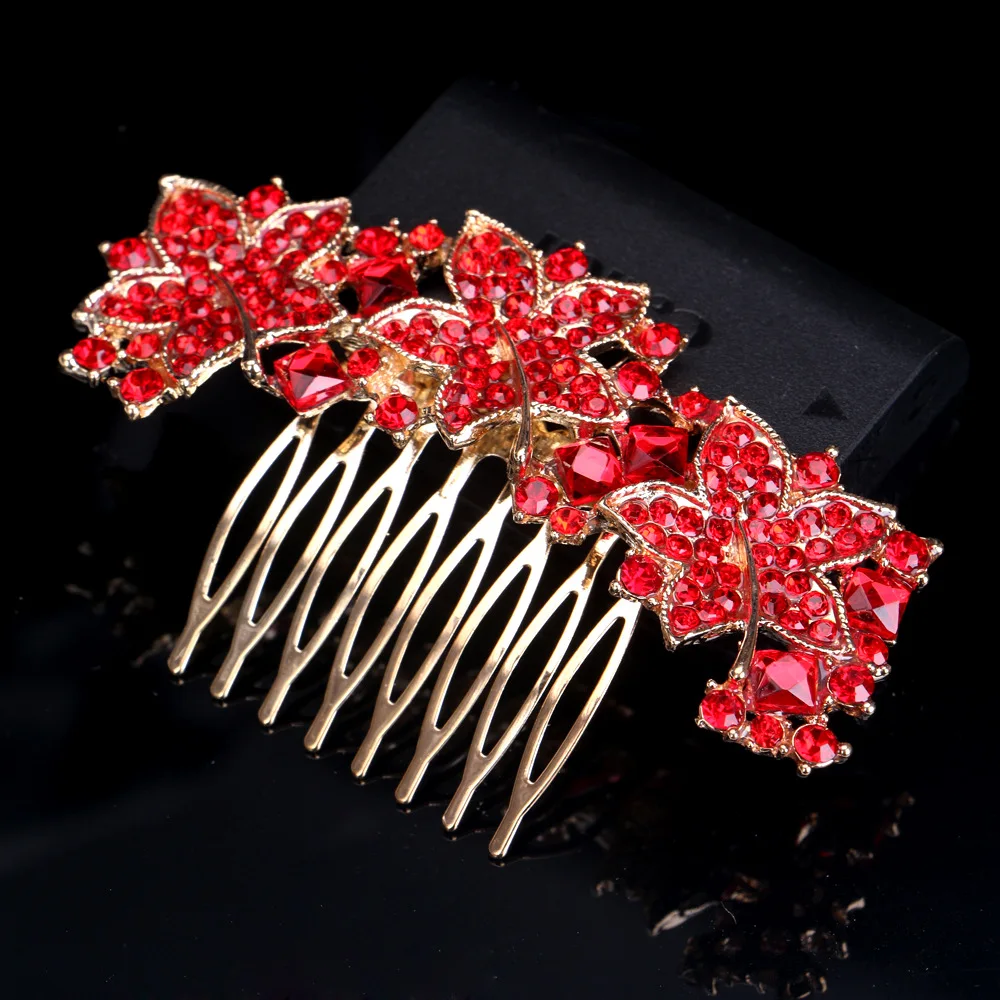BLIJERY Gold Color Crystal Wedding Hair Combs Red Rhinestone Floral Bridal Hair Accessories Party Show Tiaras Women Hair Jewelry