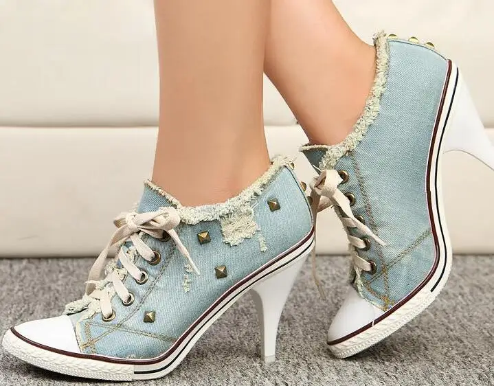 

Spring Fashion Women Lace Up Denim Pumps Casual Style Studded High Heels Ladies Sexy Dress Shoes Female Unique Shoes
