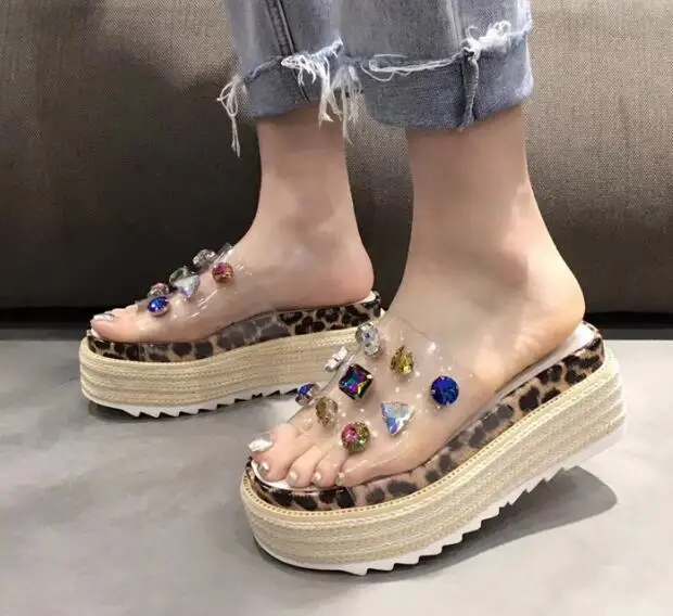 

Carpaton Summer Newest PVC Patchwork Crystal Embellished Flat Platform Sandals Colorful Rhinestones Slides Outdoor Woman Shoes