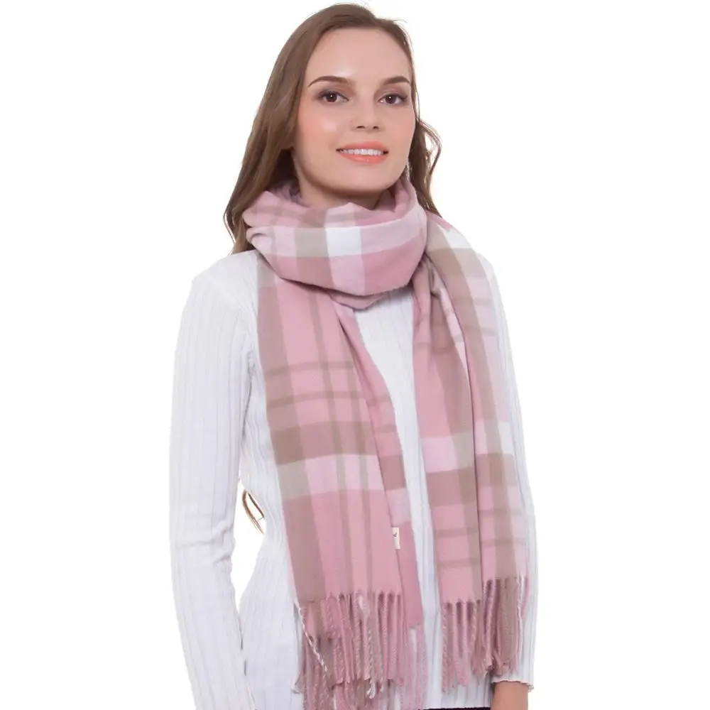 Cashmere Scarf Winter Lady Stylish Shawl Check Plaid Autumn Wrap Pashmina Fine Brushed Long Large Thick Tartan Tassel Hijab Pink