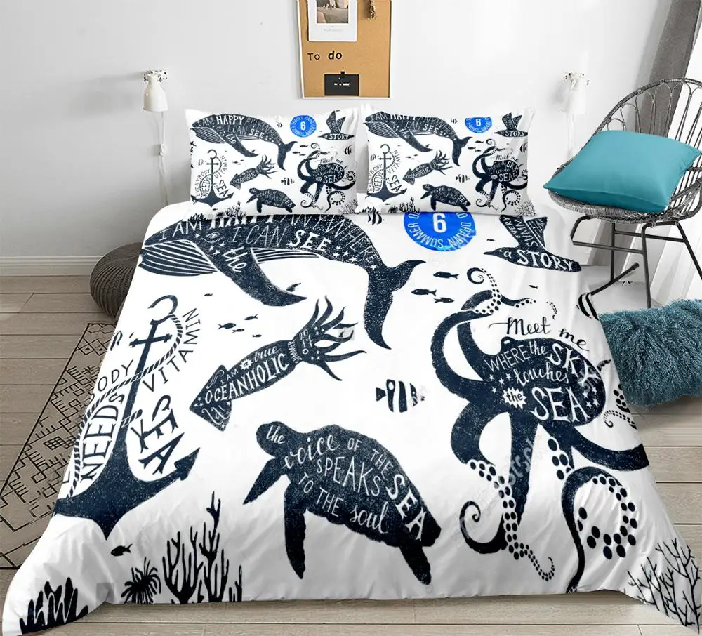 

ocean animal Bedding set Cartoon Duvet cover set turtle octopus whale bed set for kids Anchor home textile boy Bed line