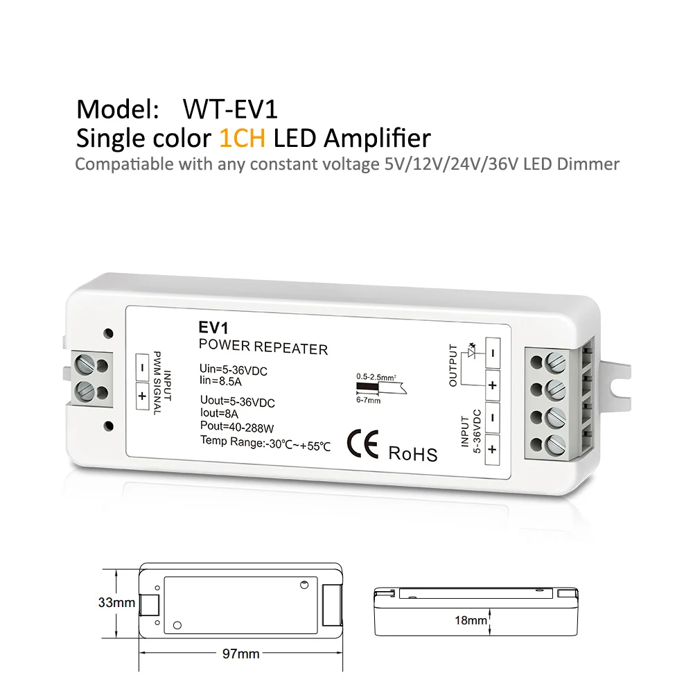 LED Dimmer Amplifier 12V 5V 24V 36V 8A PWM Wireless RF 2.4G Touch Remote Brightness Adjustment Switch for Single Color LED Strip