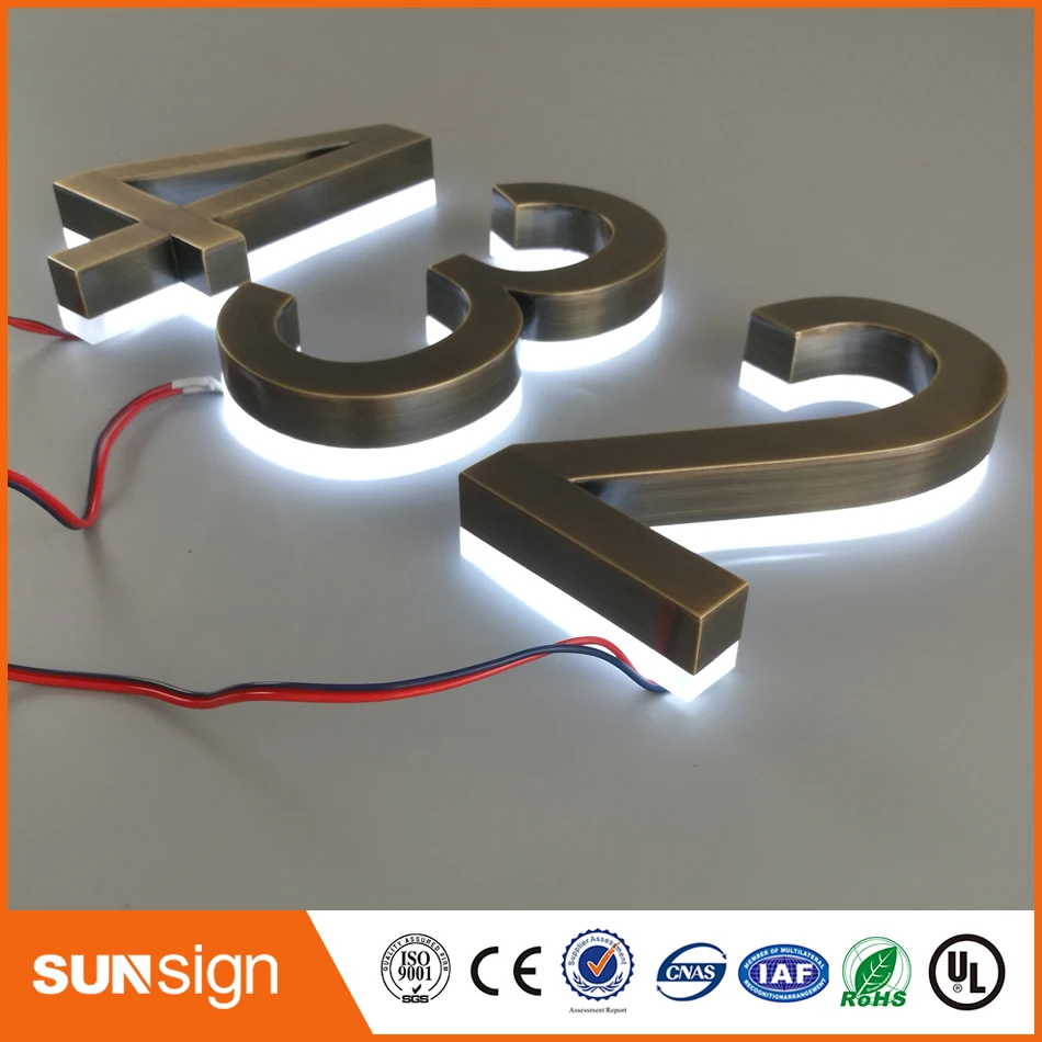 H 25Cm Brons Geborsteld Roestvrijstalen Oppervlak Warm Wit Led Licht Led Huisnummerbord