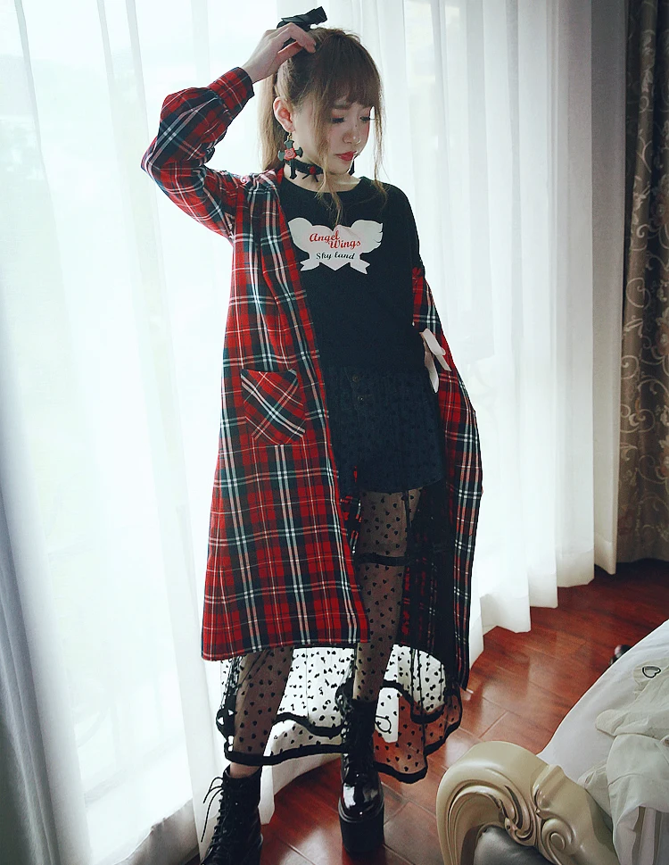 Princess sweet lolita lattice shirt BOBON21S Personality Plaid long cardigan shirt collage style student Cute girl C1394