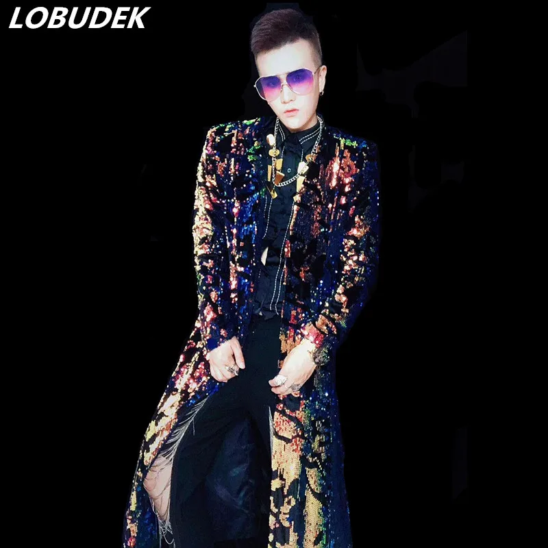 Colorful Sequins Long Coat Men Nightclub Bar Concert Overcoat Cloak Outerwear Male Singer Party Performance Stage Costume