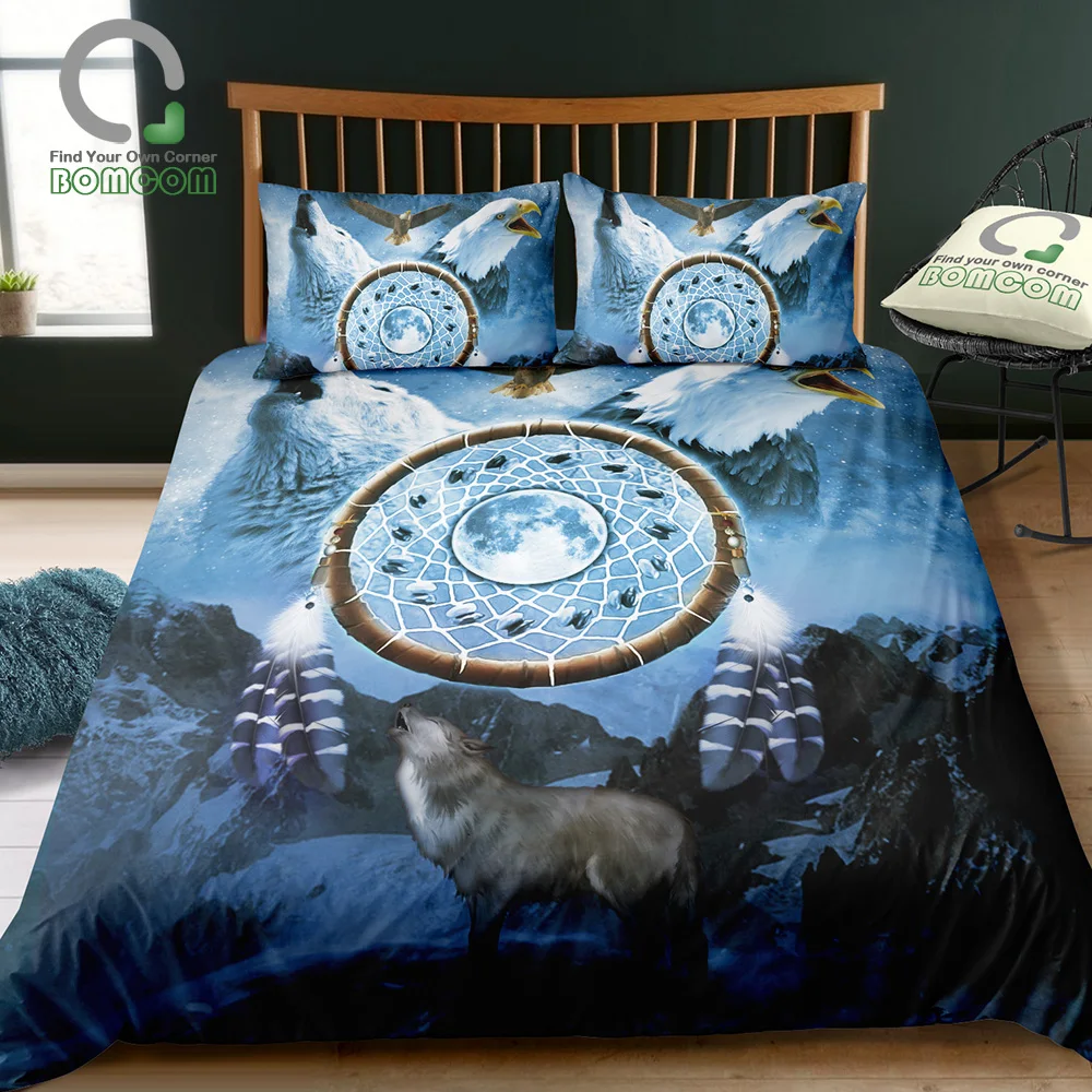 

BOMCOM 3D Digital Printing Vintage Bohemia DreamCatcher Bald Eagle Howling Wolf Snow Mountain Highland Bedding Set 100%Microfib