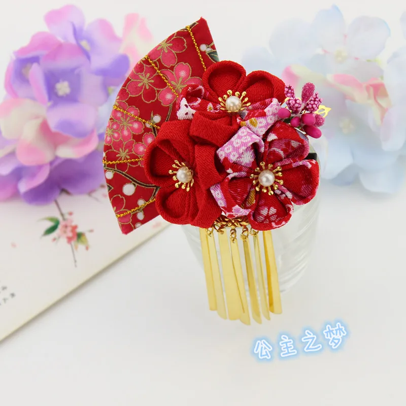 

Japanese Style Tsumami Kanzashi Pink Red Tassels Sakura Flower Fan Kimono Accessory Pure Handmade Hair clip Pin Head Dress HW002