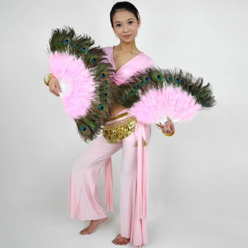 Belly Dance Peacock Feathers Dance Fan 10 Colors High Quality Stage Performance Props Feather Folding Hand Fans