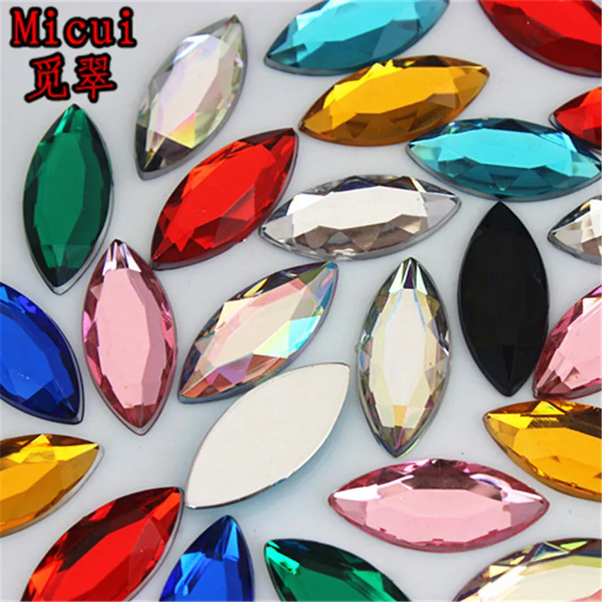 Micui 50PCS 9*20mm Mix Color Horse Eye Acrylic Rhinestones Flat Back Crystal Stones Non Sewing for Clothes Craft Scrapbook MC185