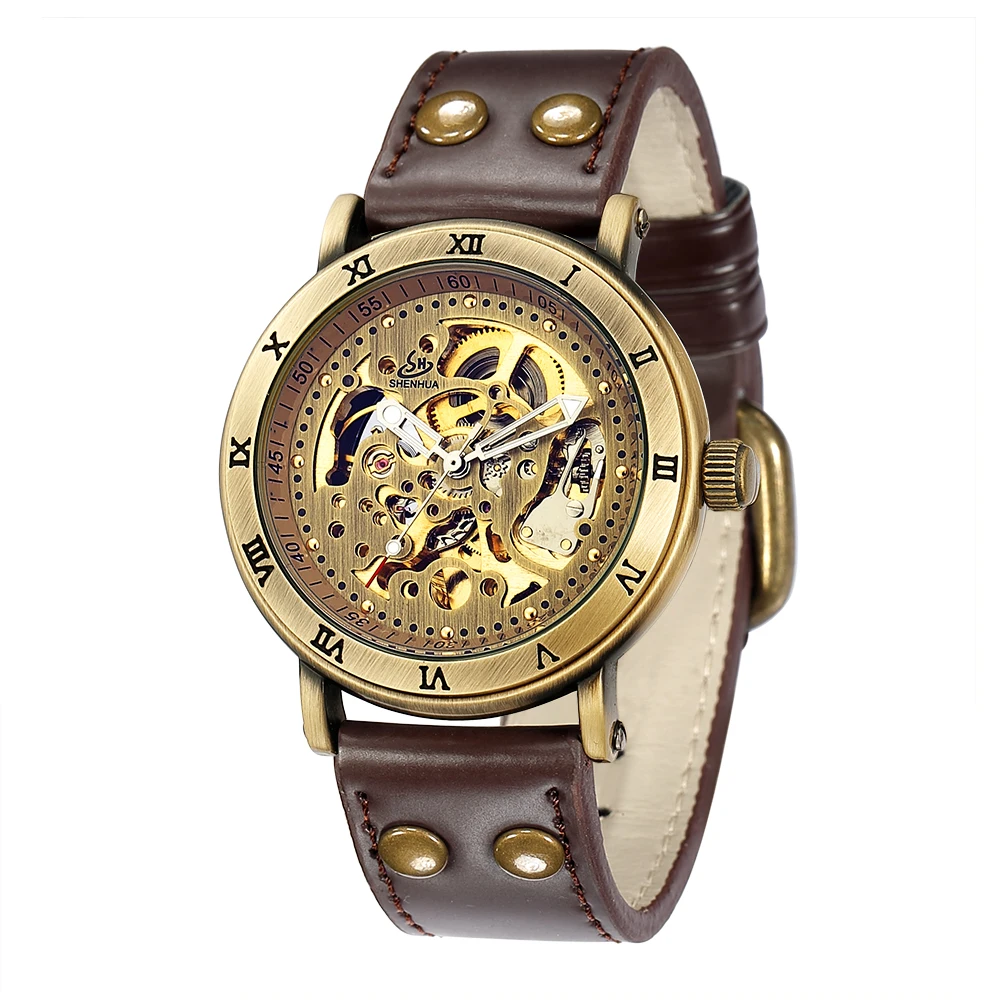 Men\'s Vintage Bronze Automatic Mechanical Watches Male Skeleton Brown Leather Strap Casual Waterproof Clock Relogio Masculino