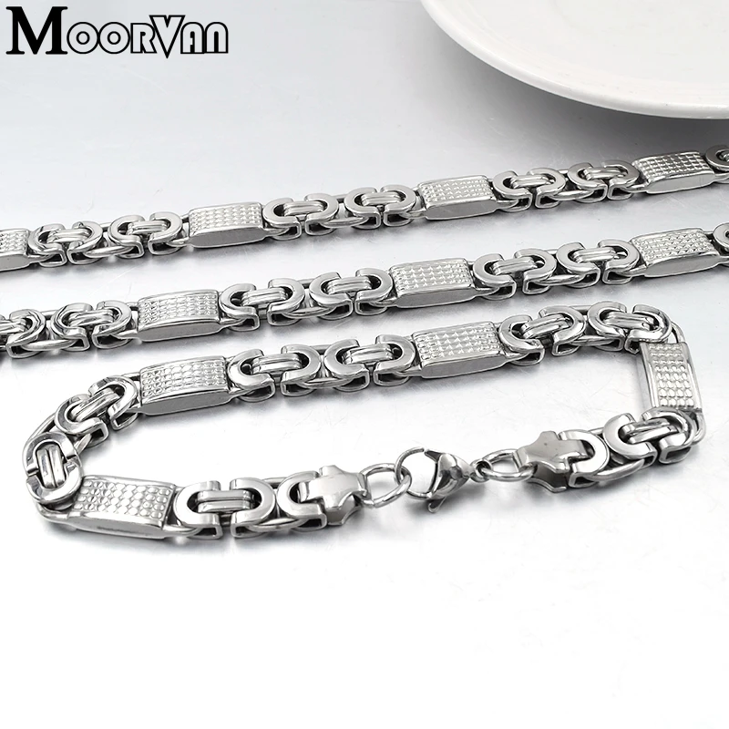 Moorvan JEWELRY SET FOR MEN GIFT 2022 COOL Silver Color CHAIN LINK NECKLACE SET BRACELET MAN FASHION STYLE,Square Shaped VJS002