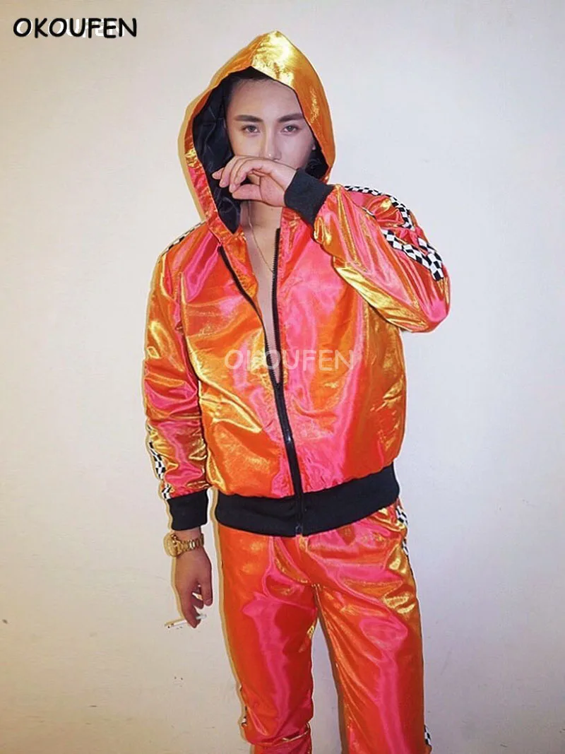 

Fashion Orange colorful Hip hop Jacket Pants Costumes Nightclub bar male singer stage show dancer performance clothing