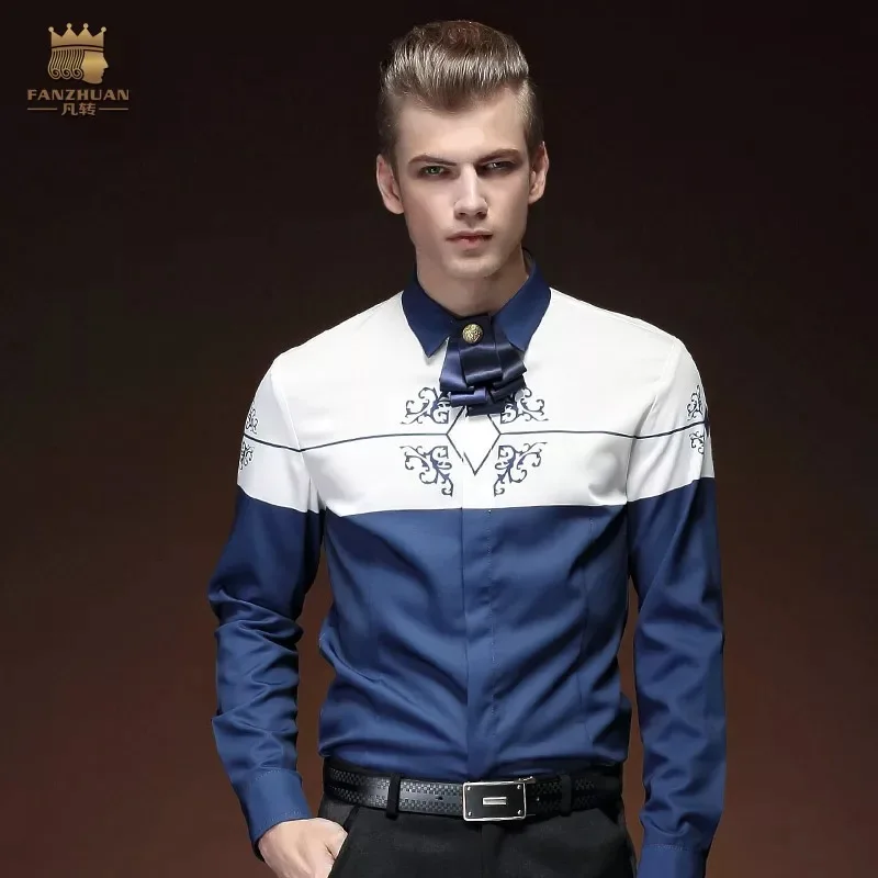 

FANZHUAN brands Free Shipping New Fashion business royal Spring men's long-sleeve male shirts blue white print shirt 15212 5XL