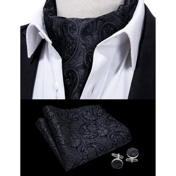 Barry.Wang moda siyah erkekler Ascot Paisley tarzı Cravat kravat ezme kendini İngiliz ipek Set erkekler için resmi düğün parti LF-0008