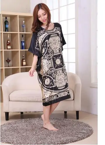 Plus Size Black Women\'s Summer Lounge Robe Lady New Sexy Home Dress Rayon Nightgown Large Loose Sleepwear Bathrobe Gown S002-B