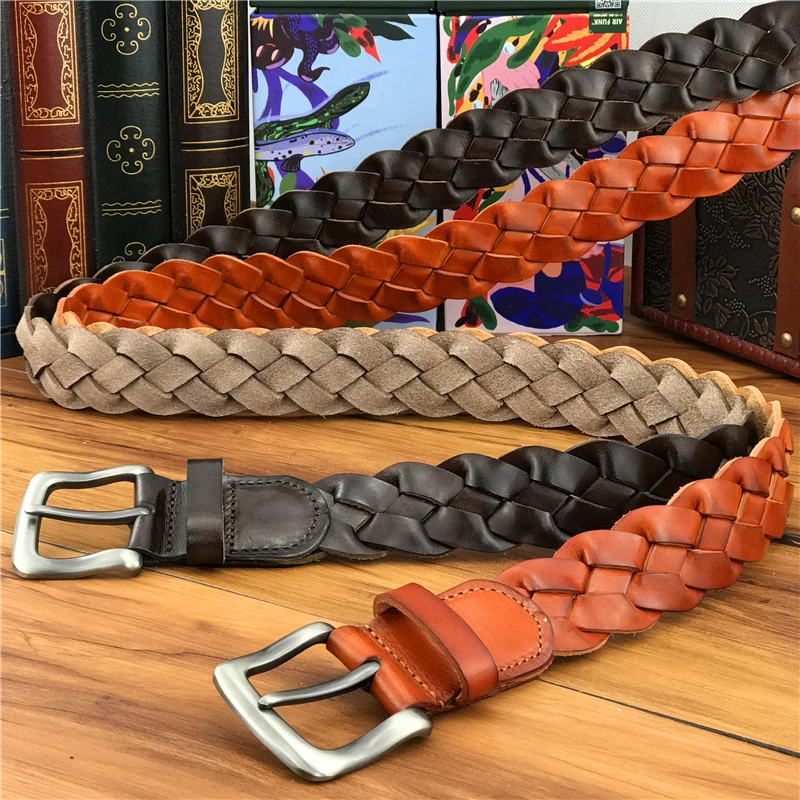 Ceinture en cuir tressé pour homme et femme, accessoire de haute qualité, fait à la main, de luxe, large, en cuir véritable, MBT0508