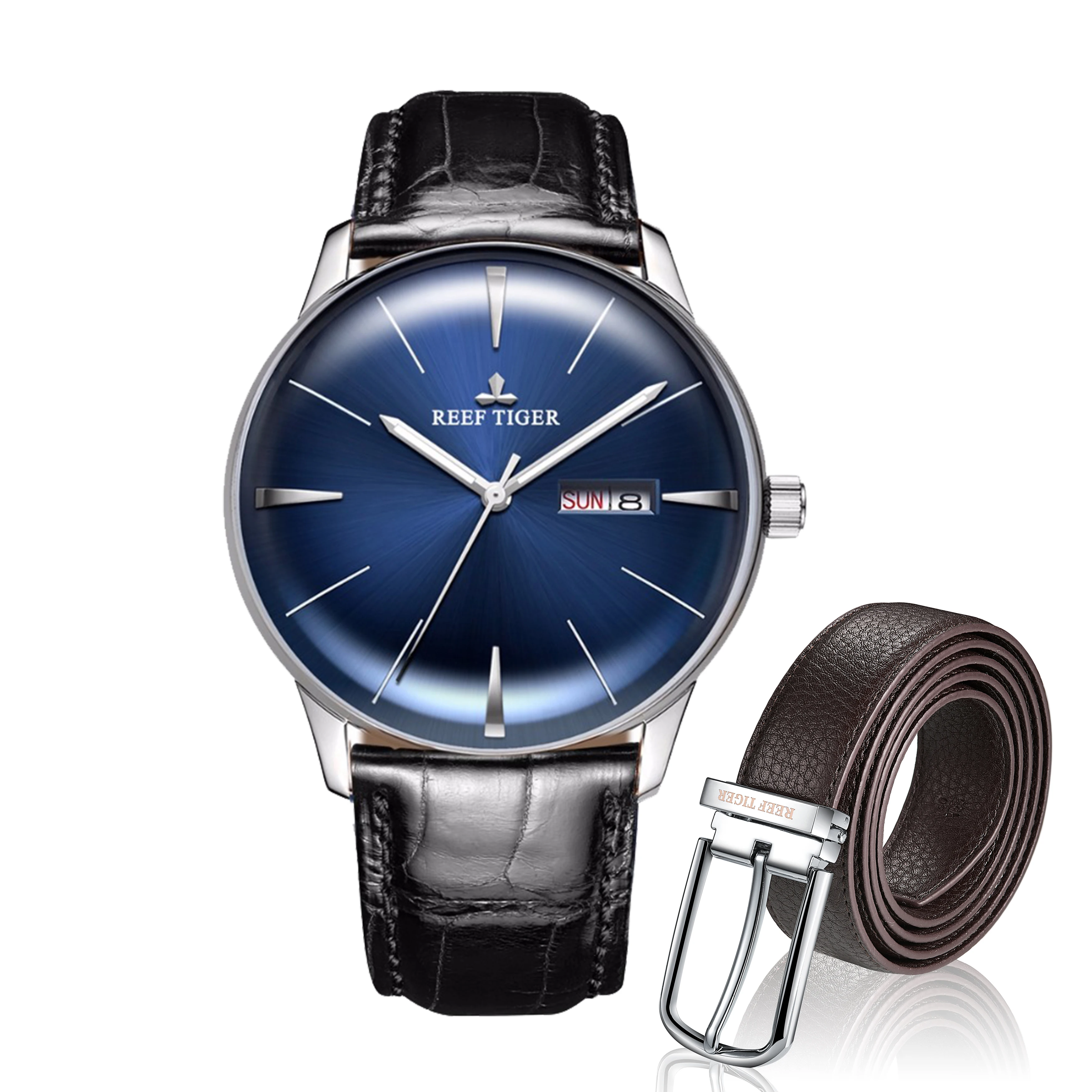

Reef Tiger Classic Heritor Blue Dial Steel Mens Automatic Watch And Leather Belts Set