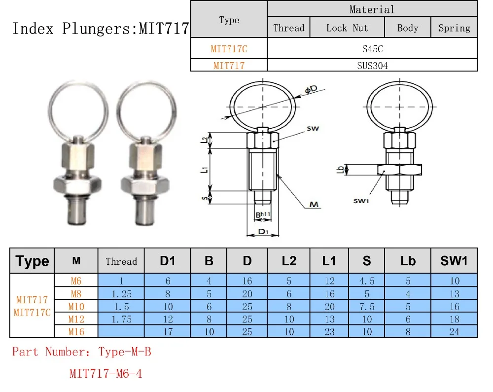 Index Plunger Stainless Steel 304 Pull Ring and Lock Nut Screw Index Plungers with Ring and Lock Pin M6 M8 M10 M12 M16