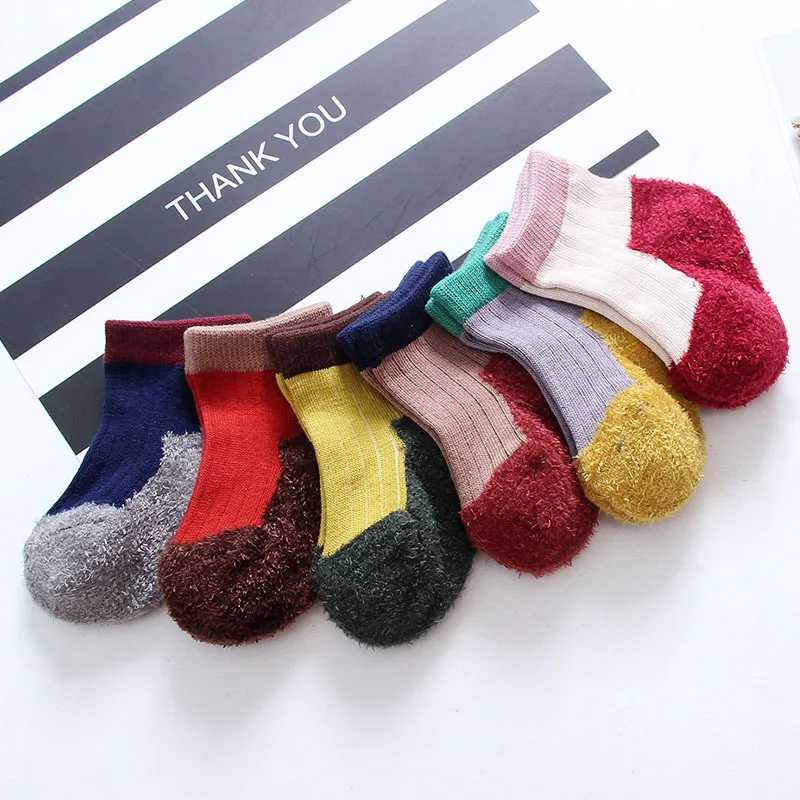 0-1/1-2 Y one Pair Autumn Winter Fashion Baby Girl Boy Cotton Socks Coral Fleece Soles Warm Toddler Newborn Socks 6 Colors